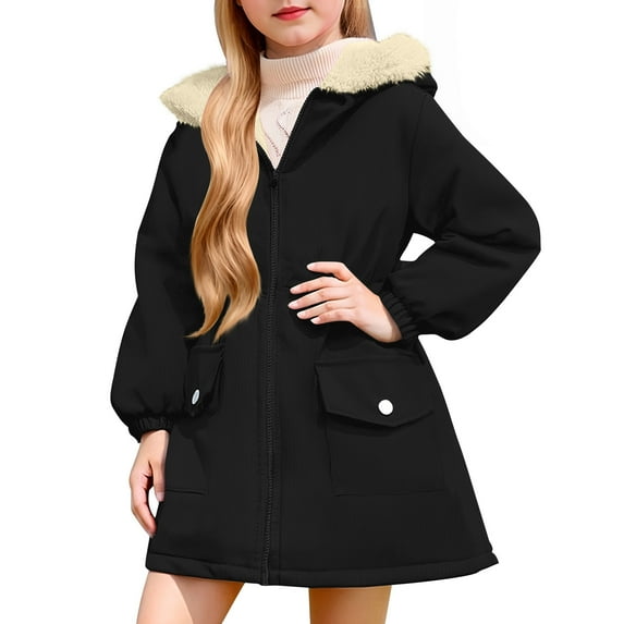 IVEYRTF Winter Girls Faux Fleece Hooded Coat Long Sleeve Top Outerwear Warm Jacket for Big Kids Youth Toddler Childrens Wear Soft Lined Breathable Thick Comfortable(Black,9 Years)
