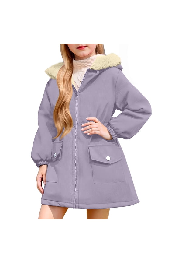 Winter Girls Faux Fleece Hooded Coat Long Sleeve Top Outerwear Warm Jacket for Big Kids Youth Toddler Childrens Wear Soft Lined Breathable Thick Comfortable(Purple,11 Years)