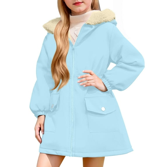 IVEYRTF Winter Girls Faux Fleece Hooded Coat Long Sleeve Top Outerwear Warm Jacket for Big Kids Youth Toddler Childrens Wear Soft Lined Breathable Thick Comfortable(Light Blue,11 Years)