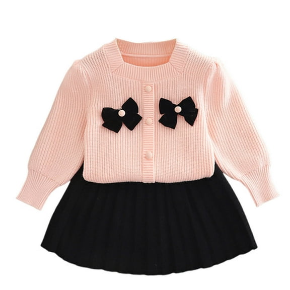 IVEYRTF Winter Girls Knitted Sweater Set Childrens Cardigan Two Piece Set Top and Skirt Soft Breathable Fabric Comfortable Wear Cute Print Colorful(Pink#3,1-2 Years)