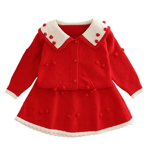 IVEYRTF Winter Girls Knitted Sweater Set Childrens Cardigan Two Piece Set Top and Skirt Soft Breathable Fabric Comfortable Wear Cute Print Colorful(Red,1-2 Years)