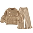 thumbnail image 1 of IVEYRTF Winter Girls Knitted Sweater Set Two Piece Outfit Long Sleeve Tops and Trousers Soft Comfortable Casual Wear for Birthday Party Holiday(Khaki#5,1-2 Years), 1 of 2