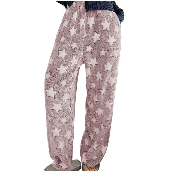 IVEYRTF Women Fashion Star and Solid Print Fleece Elastic Waist Wide Leg Jogger Pants Cozy Soft Thermal Lounge Pants for Everyday Casual Wear Outdoor Activities(Purple,M)