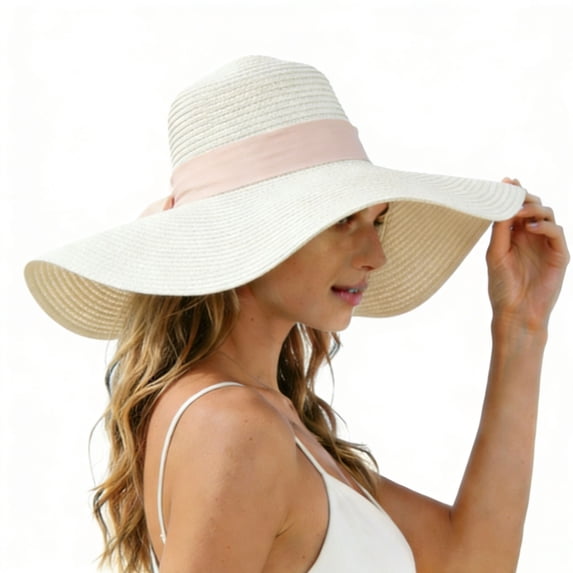 IVEYRTF Women's Straw Sun Hat Wide Brim Black Satin Bow Foldable Breathable UV Protection for Beach Vacation and Summer Outdoor Activities Hat