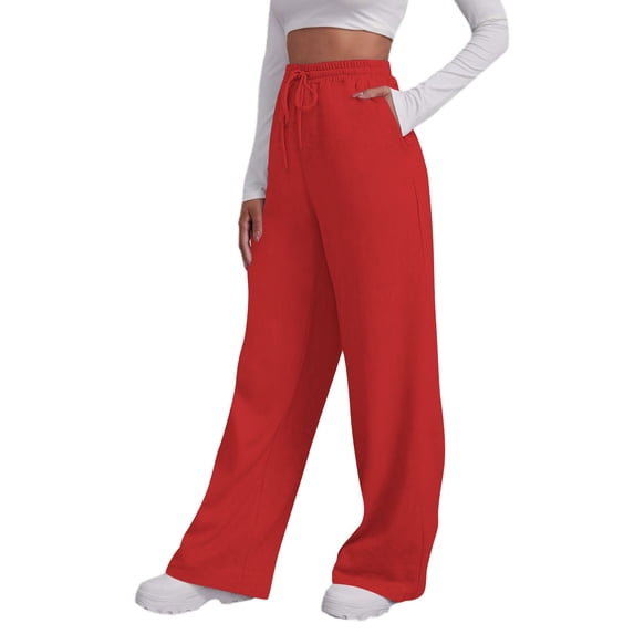 IVEYRTF Womens Casual Trousers Loose Bandage High Waist Solid Color Elastic Waist Pocket Pants for Daily Wear Comfortable Fabric All Season Casual Style(Red#2,M)