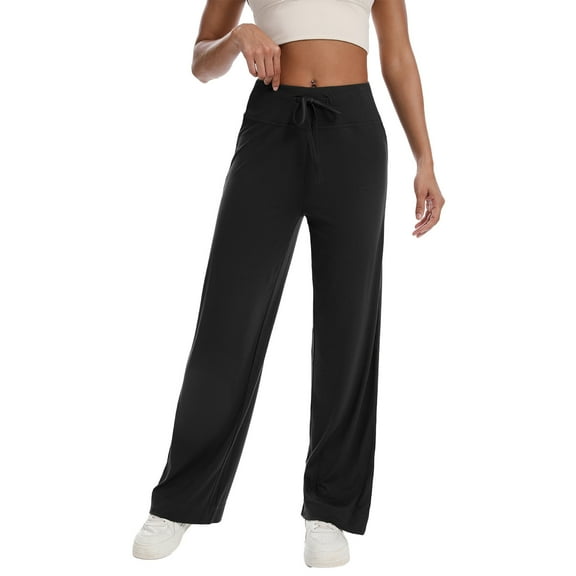 IVEYRTF Womens Casual Wide Leg Pants High Waist Full Length Trousers Soft Comfortable Daily Wear Loose Straight Leg Solid Color Pants with Side Pockets(Black,S)