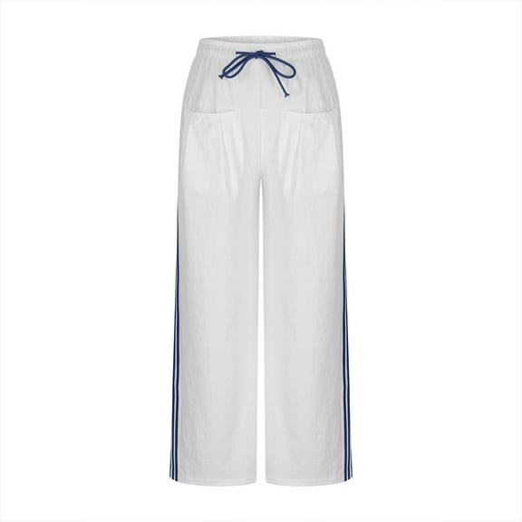 IVEYRTF Womens Drawstring Waist Wide Leg Track Pants with Side Stripe and Pockets Straight Leg Athletic Pants for Casual Wear Spring Fall Fashion(Beige,M)