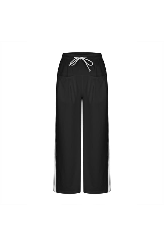 Womens Drawstring Waist Wide Leg Track Pants with Side Stripe and Pockets Straight Leg Athletic Pants for Casual Wear Spring Fall Fashion(Black,2XL)
