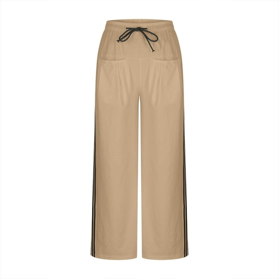 IVEYRTF Womens Drawstring Waist Wide Leg Track Pants with Side Stripe and Pockets Straight Leg Athletic Pants for Casual Wear Spring Fall Fashion(Khaki,2XL)