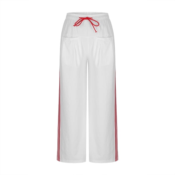 IVEYRTF Womens Drawstring Waist Wide Leg Track Pants with Side Stripe and Pockets Straight Leg Athletic Pants for Casual Wear Spring Fall Fashion(White,M)