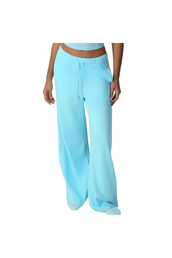 Womens Elastic Waistband Casual Home Pants with Pockets Straight Leg Wide Leg All Season Comfortable Wear Soft Stretch Fabric Trousers for Home Yoga(Light Blue,M)