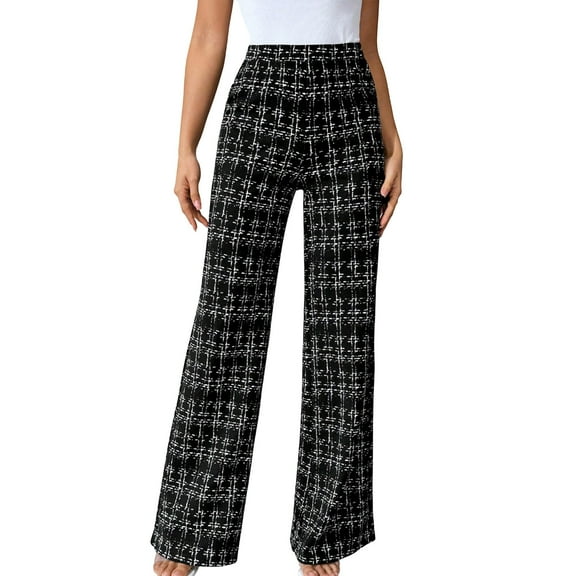 IVEYRTF Womens Fashion Casual Plaid Print Trousers Slim Fit Comfortable Wide Leg Pants for Fall Winter Daily Work Wear Versatile All Season(Black,M)