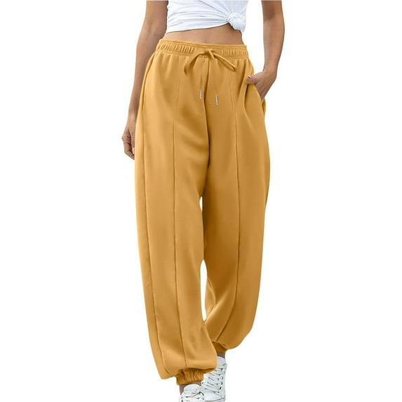 IVEYRTF Womens High Waist Casual Joggers Solid Color Pants with Pockets Comfortable Sweatpants Lightweight Joggers Casual Hiking Pants for Everyday Wear(Yellow,XL)