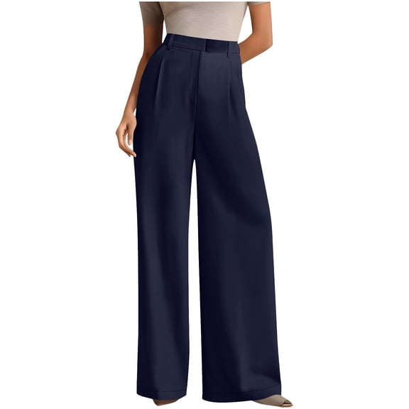 IVEYRTF Womens High Waist Straight Leg Trousers Casual Wide Leg Pants for Daily Office Work Long Pants Comfortable Stretchy Breathable Fabric Solid Color Fashion Trousers(Navy,L)