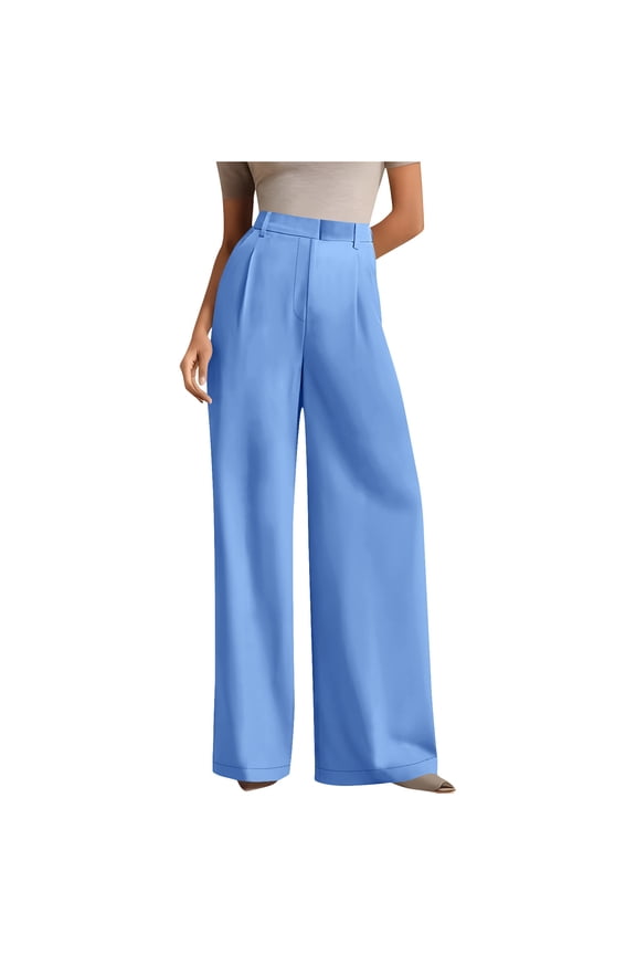 Womens High Waist Straight Leg Trousers Casual Wide Leg Pants for Daily Office Work Long Pants Comfortable Stretchy Breathable Fabric Solid Color Fashion Trousers(Sky Blue,3XL)