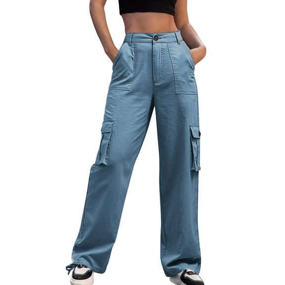 IVEYRTF Womens High Waisted Cargo Pants Wide Leg Casual Military Trousers with Pockets Solid Color Long Pants Comfortable Wear Outdoor Activities(Blue,2XL)