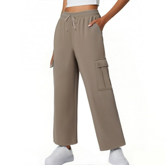 IVEYRTF Womens Solid Color Wide Leg Pants Casual Elastic Waist Pants with Pockets Comfortable Everyday Wear Soft Lightweight Long Pants for Outdoor Activities(Khaki,M)