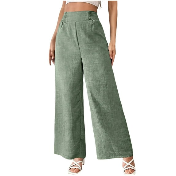IVEYRTF Womens Spring Fall Wide Leg Pants High Waisted Straight Leg Trousers Casual Work Pants Solid Color Daily Wear Ankle Length Linen Fabric Pocket Pants(Green,S)