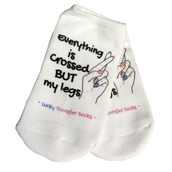 IVF Lucky socks, Everything is crossed but my legs Lucky Transfer Day Socks, Fingers crossed, Womens Medium No Show White