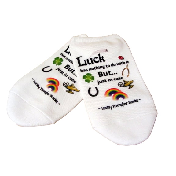 IVF Socks, Luck has nothing to do with it with lucky charms- Lucky Transfer Socks, Womens Medium No Show White