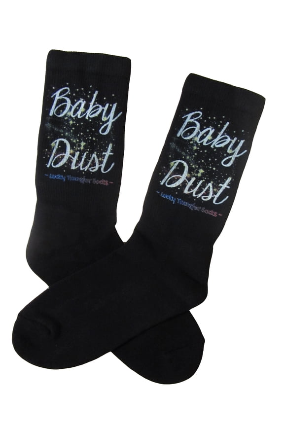 IVF Socks , Lucky Transfer Socks - Baby Dust with fairy dust, lucky IVF Socks on Black Crew Socks Womens Mens Large
