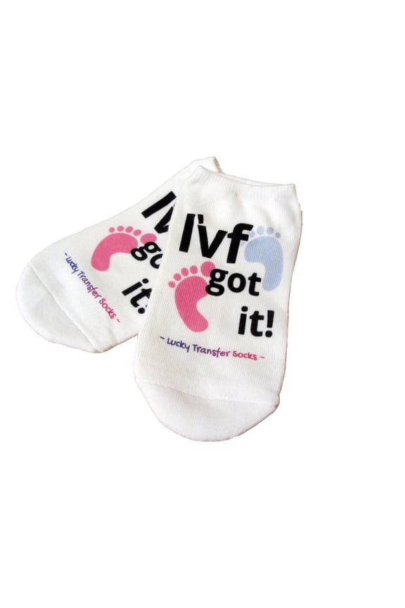 IVF Socks, Lucky Transfer Socks - "I'VF Got It" socks for IVF with Pink and Blue Baby Footprints, Womens Medium No Show White