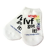 IVF Socks, Lucky Transfer Socks - "I'VF Got It" socks with rainbow butterflies for IVF, Womens Medium No Show White