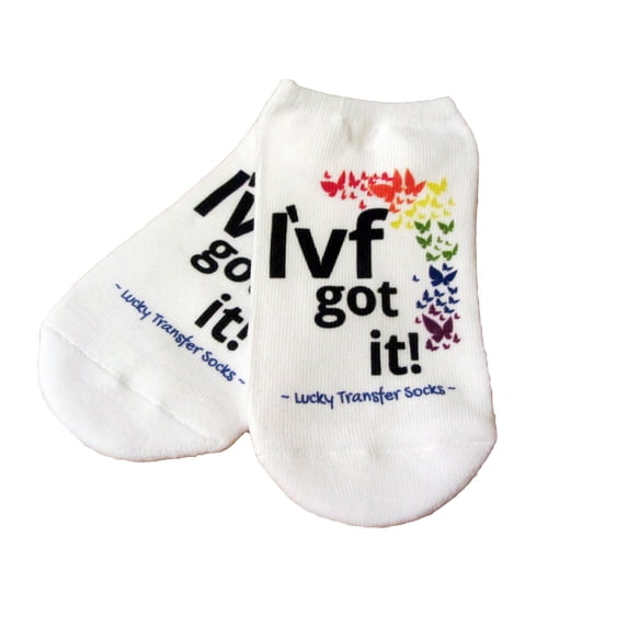 IVF Socks, Lucky Transfer Socks - "I'VF Got It" socks with rainbow butterflies for IVF, Womens Medium No Show White