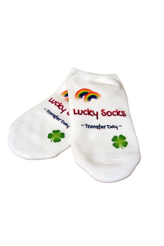 IVF Socks, Lucky Transfer Socks with Rainbows and Clover - Womens Medium No Show White
