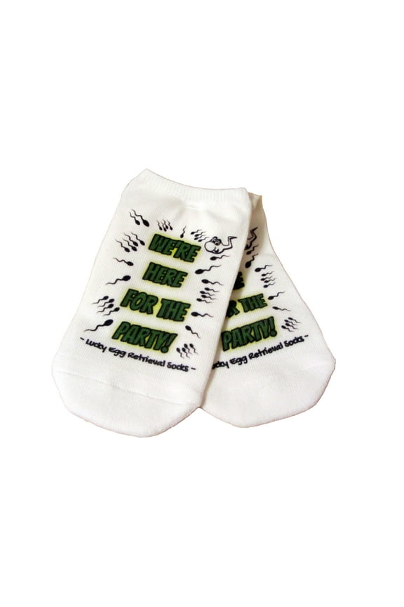 IVF Socks, We're Here For The Party Lucky No Show Socks for IVF Egg Retrieval Day or Fertilzation Day Womens Medium No Show White
