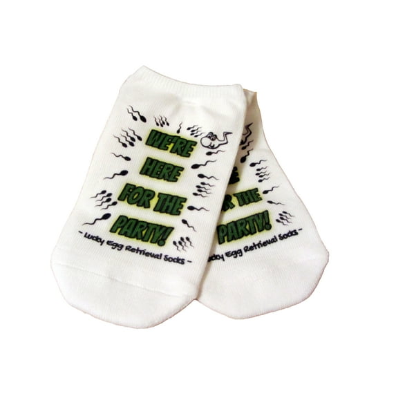IVF Socks, We're Here For The Party Lucky No Show Socks for IVF Egg Retrieval Day or Fertilzation Day Womens Medium No Show White