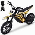 thumbnail image 1 of IVFJFV 500W Electric Dirt Bike for Kids,Up to 17.4MPH & 23.6 Miles,Two Speed Modes, Front & Rear Suspension,Mechanical Disc Brakes, 165 LBS,Beginner-Friendly Handle, All-Terrain,YELLOW, 1 of 9