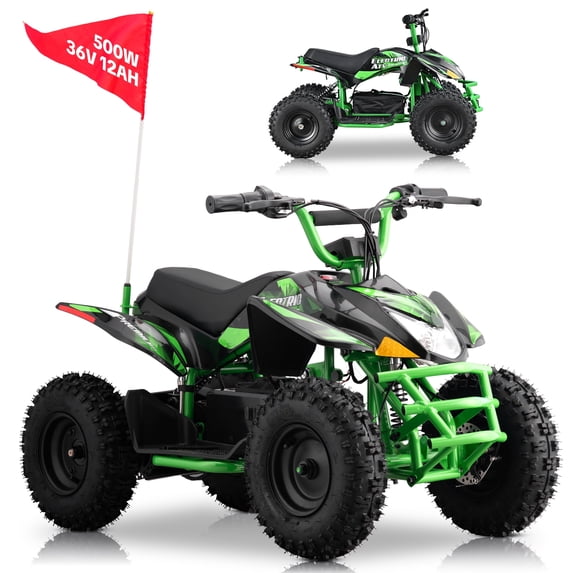 IVFJFV Electric 4 Wheeler with Dual Speed 10-15MPH, 12AH Battery,36V High Power Off-Road Four Wheeler with 500W Motor,Front & Rear Shock Absorbers, Disc Brake, LED Headlight, Safety Flag,Green