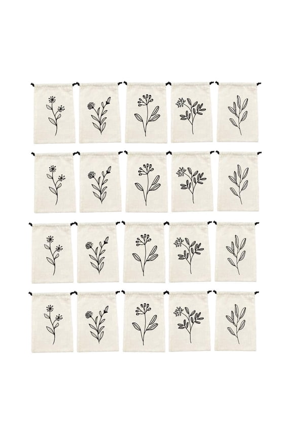 IVILLAGE 20-Pack Cotton Drawstring Bags, Floral Muslin Pouches for Jewelry, Wedding Favors & Gifts, Off-White Reusable Sachet Bags 4x6 Inch**