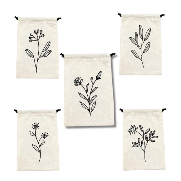 IVILLAGE Family Cotton Drawstring Potli Pouches, Floral Design, Small Jewelry and Gift Bags, Shagun and Return Gift Bags, Off White, Pack of 5
