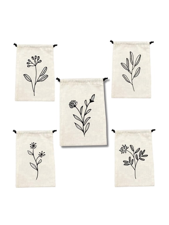IVILLAGE Family Cotton Drawstring Potli Pouches, Floral Design, Small Jewelry and Gift Bags, Shagun and Return Gift Bags, Off White, Pack of 5