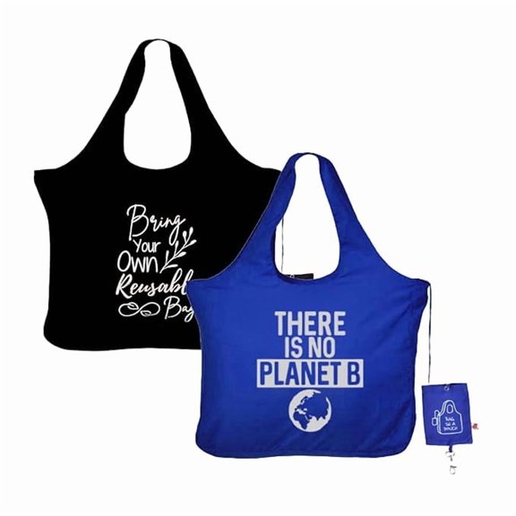 IVILLAGE Foldable Reusable Polyester Bags for Shopping and Daily Essentials | Stylish Designer Tote and Shopper Bag | Compact, Lightweight, and Eco-Friendly with 12Kg Capacity|Black and Blue Set of 2