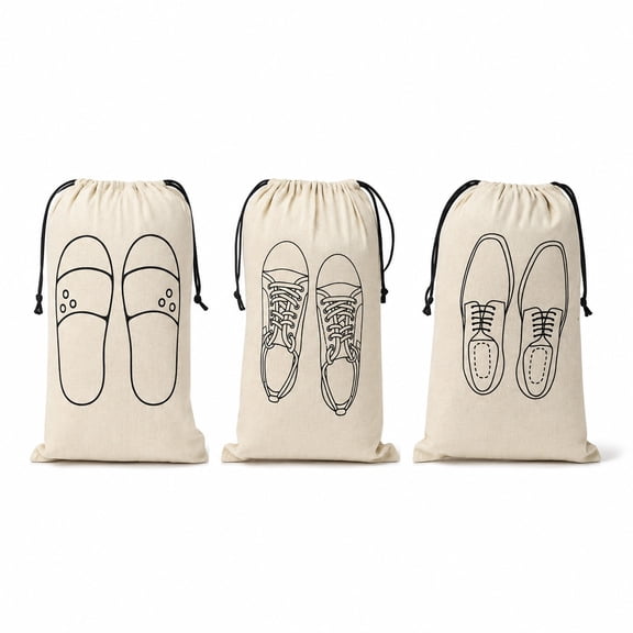 IVillage A Family Cotton Shoe Dust Bags for Travel & Storage Breathable Drawstring Shoe Bags, Washable & Reusable | Pack of 3 | off-white