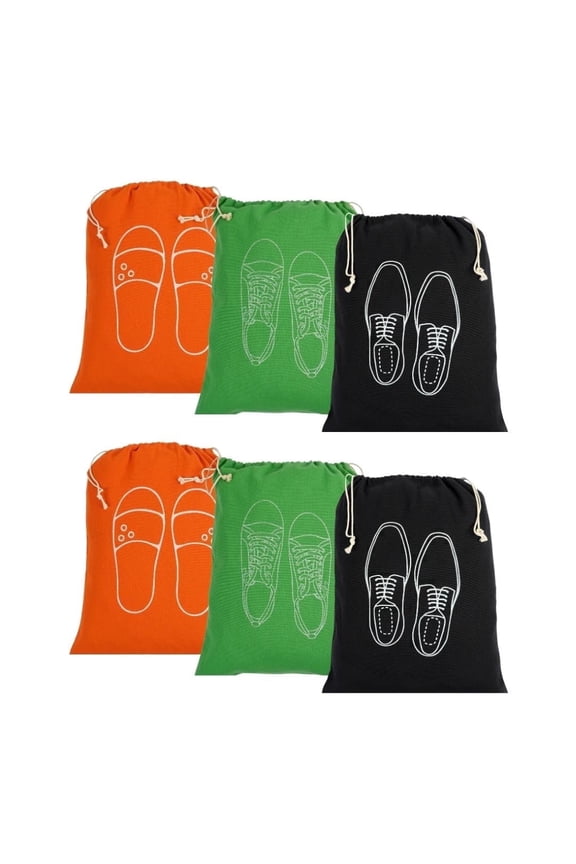 Men's Cotton Shoe Bags for Travel (6 Pack) - Breathable Washable Drawstring Organizers - Large Dust Covers for Sneakers & Dress Shoes - Multicolor