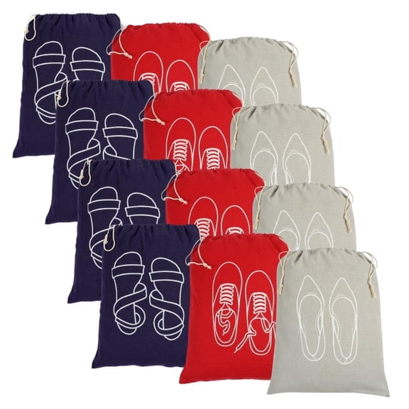 IVILLAGE A FAMILY 12-Pack Cotton Shoe Bags for Travel & Storage, Reusable Drawstring Dust Covers with ID Designs, Washable Fabric Organizers for Women's Shoes - Multicolor