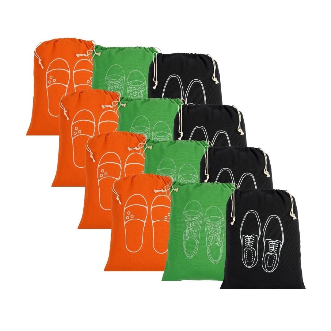 **IVILLAGE 12-Pack Cotton Shoe Bags for Travel & Storage - Breathable Washable Drawstring Organizers with Doodle Design - Men's Shoe Dust Covers (Multicolor)**