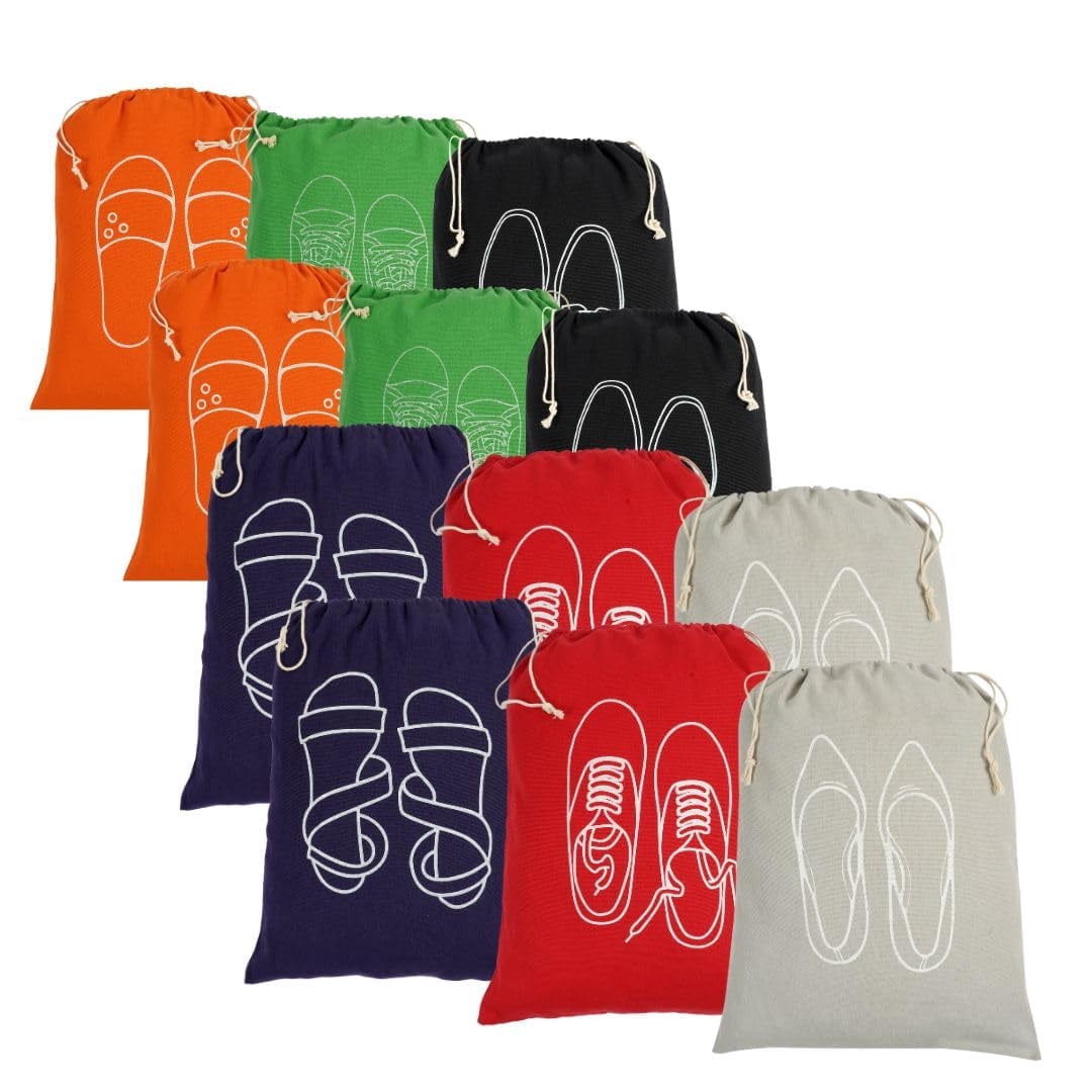 IVILLAGE Premium Reusable and Washable 100% Pure Cotton Fabric Shoe Covers/Bags with Drawstring Closure|Handcrafted Doodle Collection| Ideal for Travel, Home and Storage|Pack of 12|Multicolor|Unisex