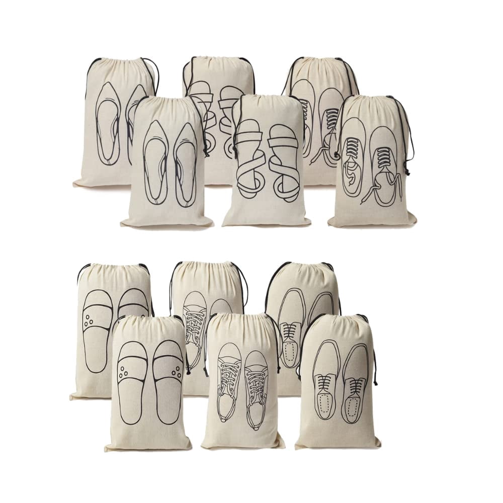 IVILLAGE Premium Reusable and Washable 100% Pure Cotton Fabric Shoe Covers/Bags with Drawstring Closure|Handcrafted Doodle Collection| Ideal for Travel, Home and Storage|Pack of 12|Off-White|Unisex