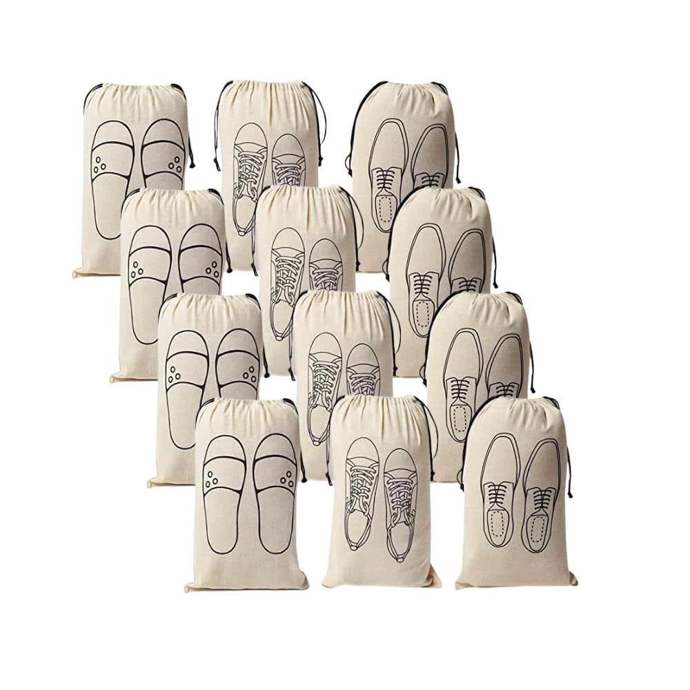 IVILLAGE Premium Reusable and Washable 100% Pure Cotton Fabric Shoe Covers/Bags with Drawstring Closure|Handcrafted Doodle Collection| Ideal for Travel, Home and Storage|Pack of 12|Off-White|Male