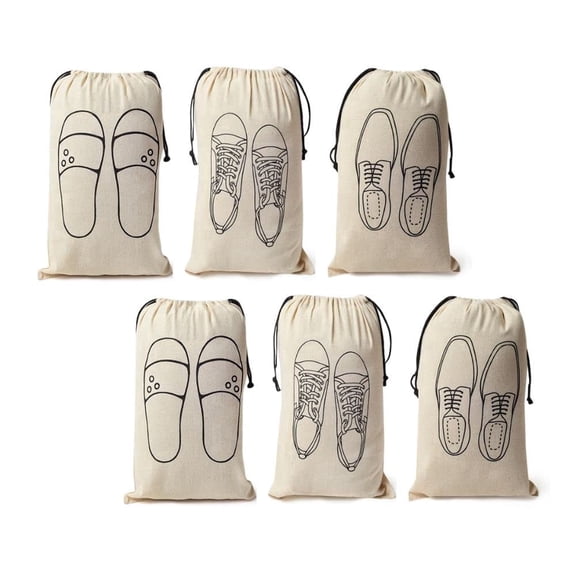 IVILLAGE Premium Reusable and Washable 100% Pure Cotton Fabric Shoe Covers/Bags with Drawstring Closure|Handcrafted Doodle Collection| Ideal for Travel, Home and Storage|Pack of 6|Off-White|Male