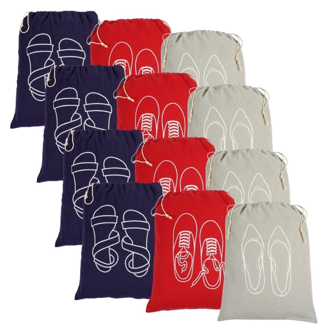IVILLAGE A FAMILY 12-Pack Cotton Shoe Bags for Travel & Storage, Reusable Drawstring Dust Covers with ID Designs, Washable Fabric Organizers for Women's Shoes - Multicolor