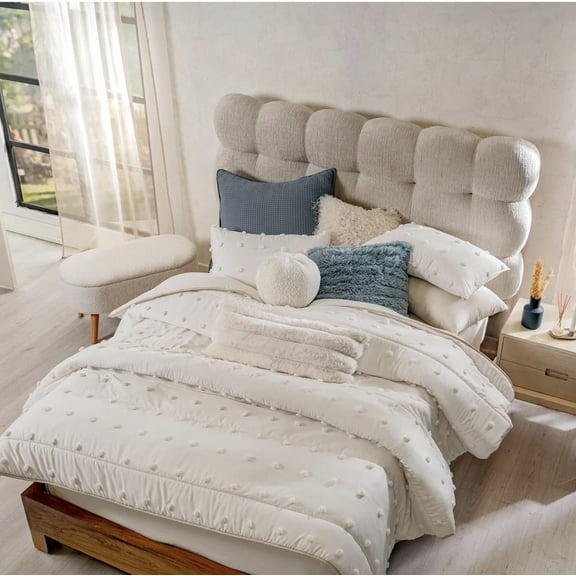 IVORY SOFT POMPOMS TEXTURE REVERSIBLE COMFORTER SET 4 PCS QUEEN SIZE MADE IN MEXICO
