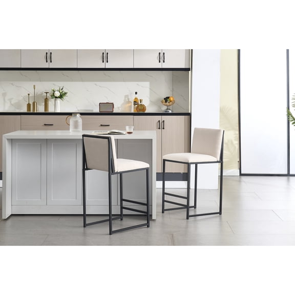 IVORY Upholstered Linen Kitchen & Dining Room Stool Set of 2 Modern and Comfortable Design