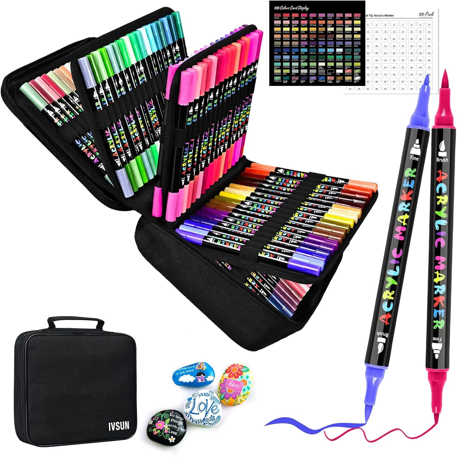 Acrylic Paint Pens, 100 Colors Dual Tip Paint Markers with Fine Tip and Brush Tip Pens for Stone, Wood, Canvas, Calligraphy, Ceramic, Metal, Glass, Rock Painting, DIY Crafts Art Supplies Kit
