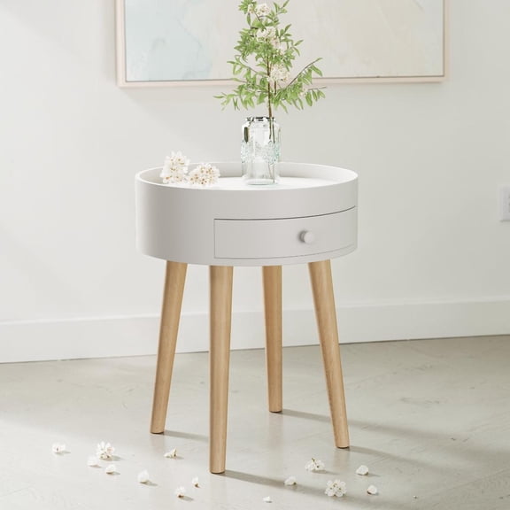 IVV 1-Drawer Round Nightstand, Modern Minimalist White Beside Table with Solid Oak Legs and Raised Edge Top, for Living Space or Home Corner, Easy Assembly, 15"Dia x 18"H